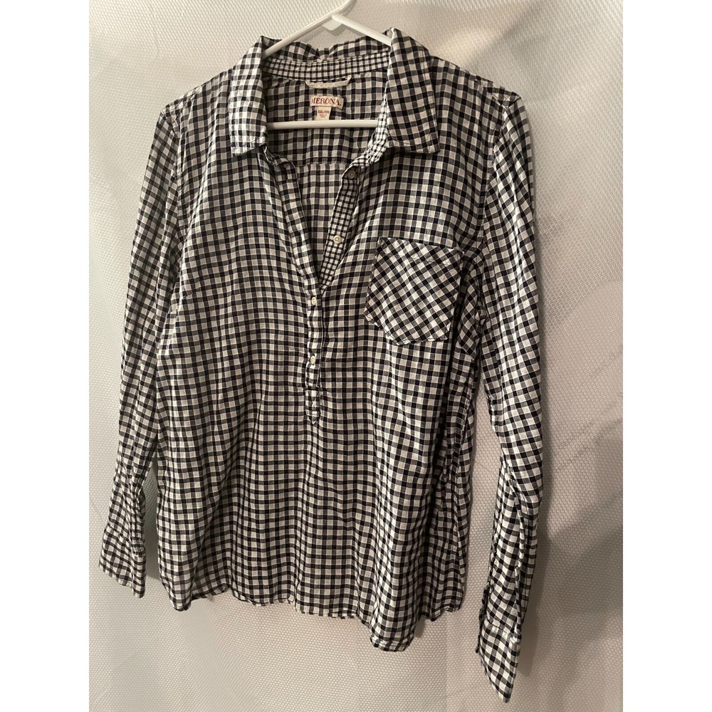 Merona Womens Navy White Plaid Henley Shirt Long Sleeve Cotton Blouse XXL